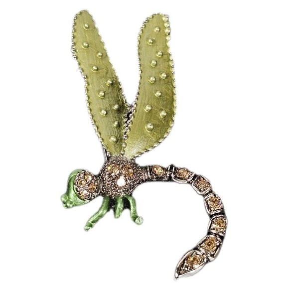 Vintage Dragonfly Brooch Green Enamel Wings & Amber Rhinestones Nature Jewelry - Picture 3 of 4